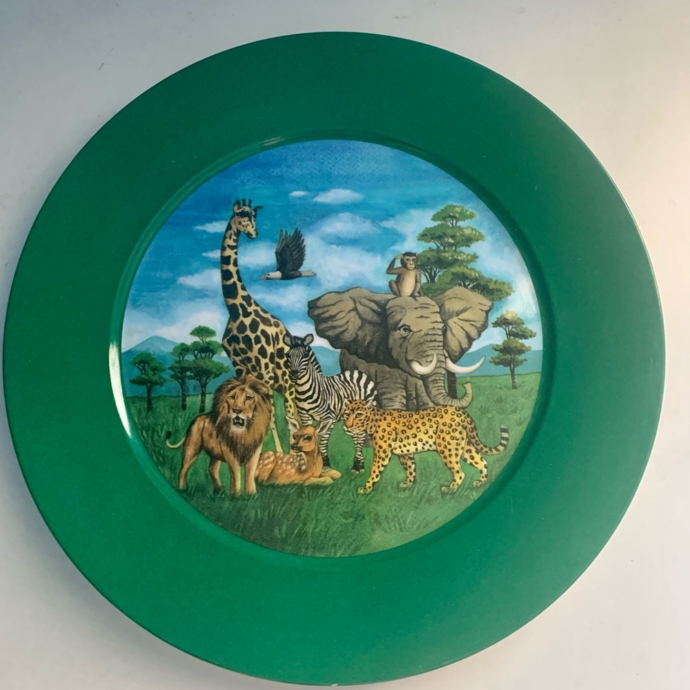Vintage Lord & Taylor Green Jungle Animals Plate Elephant Leopard Giraffe